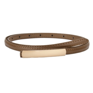 Slim brown leather belt for women featuring a minimalist rectangular gold metal buckle