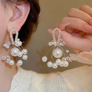 Elegant Floral Cluster Drop Earrings With Artificial Pearls Zircon Crystals And Silver Earring Post Luxury French Style