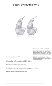 Detail of 925 sterling silver C-shape earrings with relief texture and size measurements