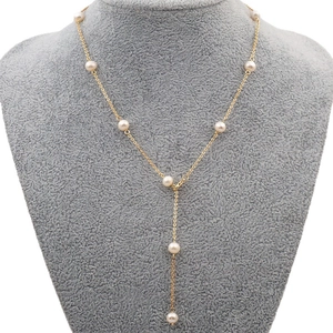 Adjustable Y-shaped gold necklace with freshwater pearls and tassels for women
