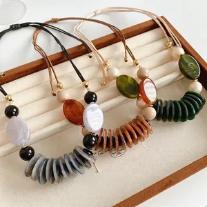 Bohemian Vintage Necklace Acrylic Resin Beads Geometric Oval Pendant Ethnic Woven Cord Clavicle Chain Jewelry For Women