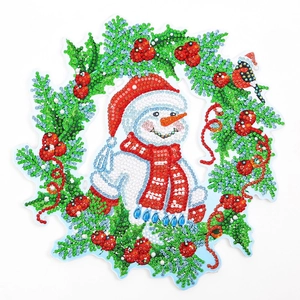 Detail of 5D DIY diamond painting kit featuring a Christmas wreath with a snowman motif