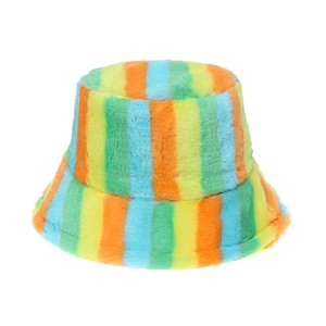 Detail of colorful striped faux fur bucket hat showing soft plush texture and winter warmth