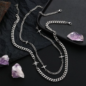 Double-layered titanium steel necklace with silver cuban chain and star pendants
