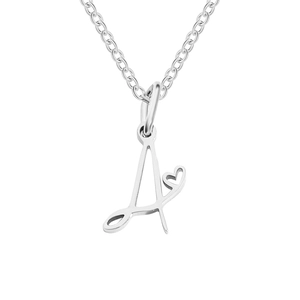 Macro shot of cursive letter A pendant with heart detail on a silver-tone chain