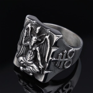 Vintage gothic Baphomet skull ring in stainless steel with oxidized silver finish