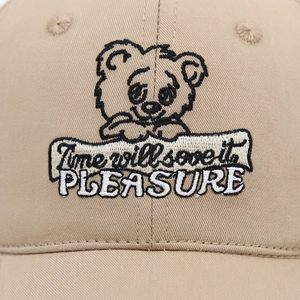 Khaki cotton baseball cap for kids with cute bear embroidery and decorative text
