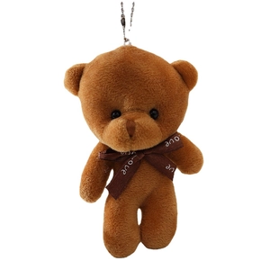 Brown plush teddy bear keychain with Love ribbon bow tie for bags or keys accessories