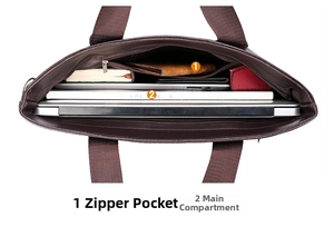 Detailed view of dark brown briefcase interior with two main compartments and zipper pocket