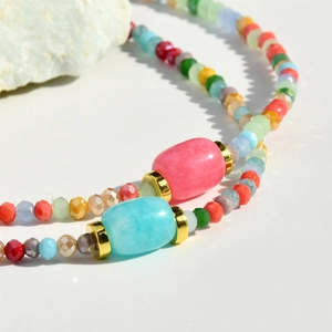 Colorful rhodochrosite beaded necklace with faceted crystals and gold stainless steel spacers