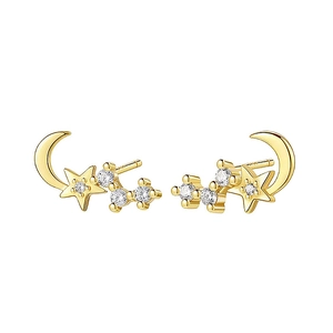 Elegant gold S925 silver moon and star stud earrings with sparkling cubic zirconia