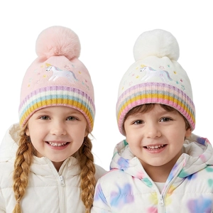 Bonnet D'hiver Pour Enfants Broderie Licorne Rayures Arc-en-ciel Bonnet Tricoté Doublé Polaire Pompon En Fourrure