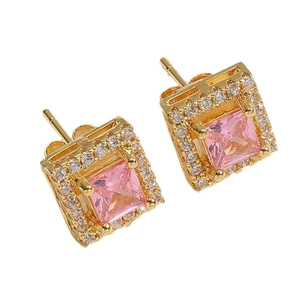 French square pink zircon stud earrings in 18K gold finish with pavé set crystals