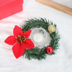 Christmas Poinsettia Candle Ring Mini Wreath Simulation Pine Needles Glitter Balls Tabletop Ornament Home Holiday Decor