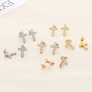 Minimalist stainless steel cross stud earrings with sparkling zircon inlay in three colors