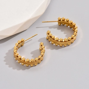 Vintage French 18K Gold Plated Stainless Steel C-Shaped Hoop Earrings For Women Trendy Bead Edge Geometric Earring Jewelry