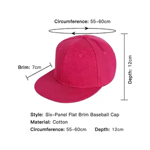 Cappellino da baseball in cotone a tesa piatta rosa con circonferenza 55-60cm e design a sei pannelli