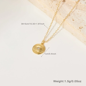 Detailed view of evil eye necklace showing 1cm pendant size and 39+5cm chain length