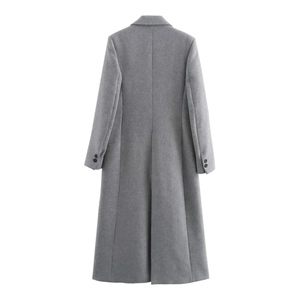Flat lay back view of a grey long wool coat featuring a slim fit and buttoned cuffs