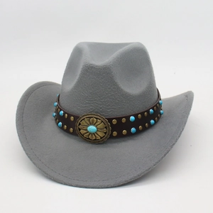Detail of grey felt cowboy hat with leather band, turquoise beads and vintage metal buckle