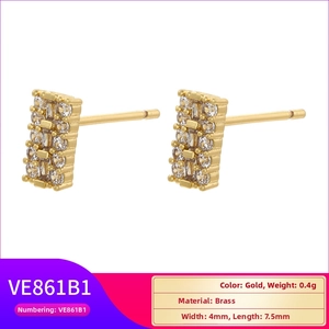 Detailed close-up of 18K gold-plated brass rectangle stud earrings with zircon stones