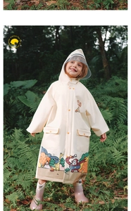 Detail of waterproof kids raincoat with forest cartoon print and clear hood visor
