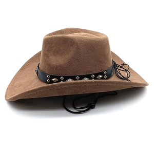 Detail of brown faux suede cowboy hat featuring metal studs and adjustable chin strap