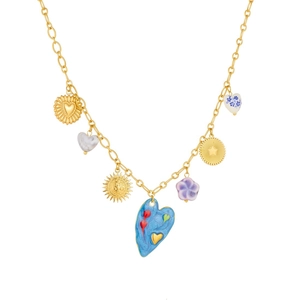 Gold stainless steel necklace with colorful enamel heart star and flower pendants
