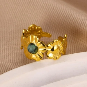 Vintage 18K gold plated flower ring with green natural stone and adjustable band