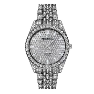 Macro shot of silver hip hop watch with fully iced-out diamonds and luxury quartz dial