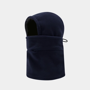 Detail of navy fleece balaclava hood featuring adjustable drawstrings and neck protector