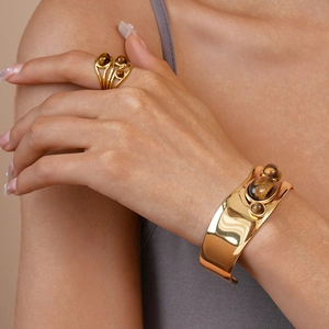18k vergoldetes Edelstahl-Armband und Ring Set mit braunen Tigeraugen-Steinen für Damen