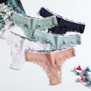 String Taille Basse Pour Femme En Coton Côtelé Avec Bordure En Dentelle Et Taille Élastique Imprimée Lettres Lingerie Confortable