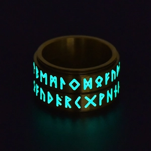 Glow in the dark Viking runes spinning ring with green fluorescent light and bronze finish