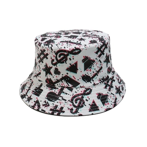 Detail of white bucket hat with red and blue glitch art music notes and star prints