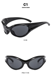 Detailed side and front view of Y2K futuristic wrap-around sports sunglasses in black
