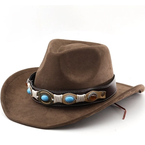Western Cowboy Hat Suede Felt Wide Brim Bohemian Leather Band Turquoise Decoration Retro Ethnic Style For Men Women
