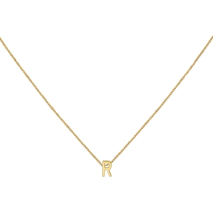 Detail shot of 18K gold letter R pendant necklace with a fine polished chain link