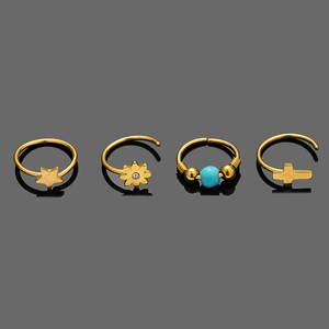 Set of four gold 316L stainless steel nose rings with star, flower, cross and opal charms