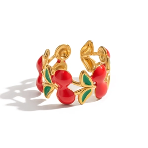Sweet red cherry enamel open ring in gold stainless steel with adjustable band