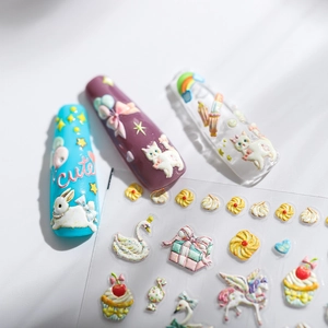 Stickers ongles 3D relief avec chatons, lapins et cupcakes mignons pour décoration d'ongles