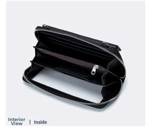 Detailed inside view of black crossbody phone bag with card slots and zipper compartment