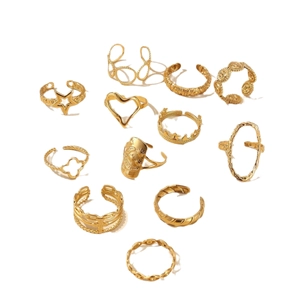 12-piece bohemian 18k gold plated ring set featuring star, moon and heart designs
