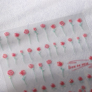 Autocollants 3D pour ongles roses roses avec paillettes et feuilles vertes sur blanc