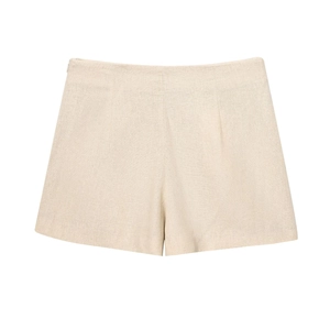 Vue détaillée du short en lin et coton beige à taille haute avec fermeture éclair latérale