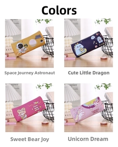 Detailed grid view of four cute cartoon astronaut and animal pencil cases on a desk