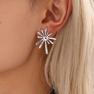 Modern silver sunflower stud earrings with radiant irregular design and hammered texture