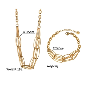 Detailed view of gold stainless steel necklace and bracelet set with size specifications