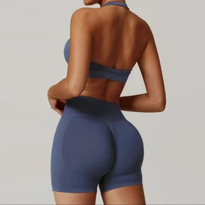 Detail of ribbed halter yoga set with high waist scrunch butt lifting sports shorts