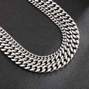 Mens street style silver stainless steel Cuban link necklace with polished finish